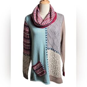 Coldwater Creek Gray And Burgundy Multi Patterned Cowl Neck Swrater